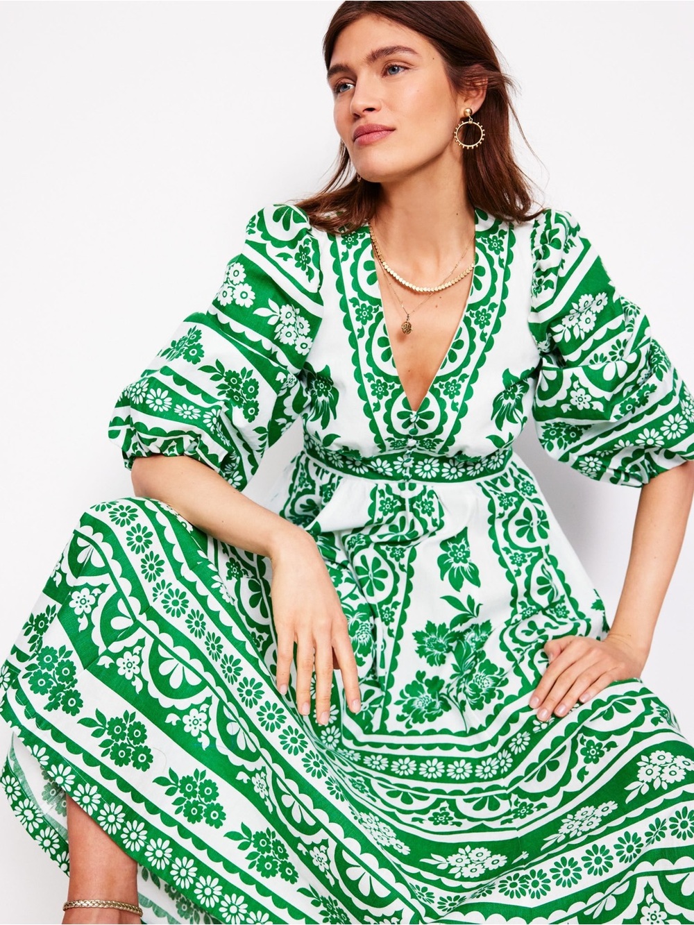 Boden Lola Bouslon Green White Print Maxi Dress 4
